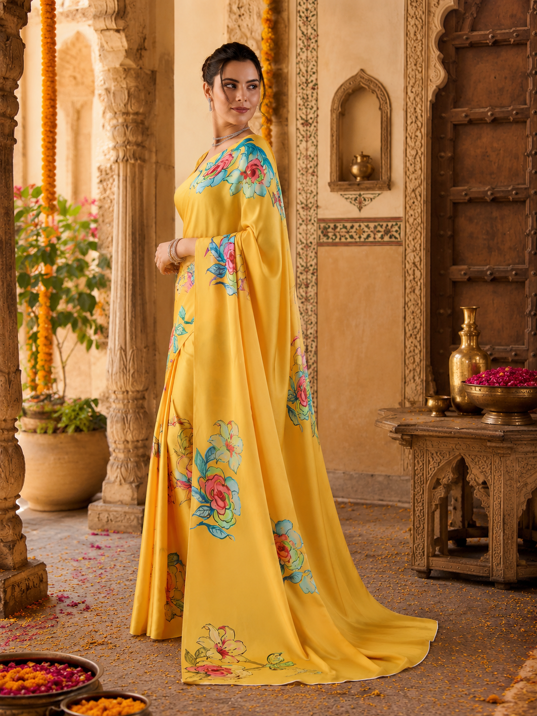 Satin Georgette Floral Digital Printed Saree With Unstitched Blouse(Yellow)
