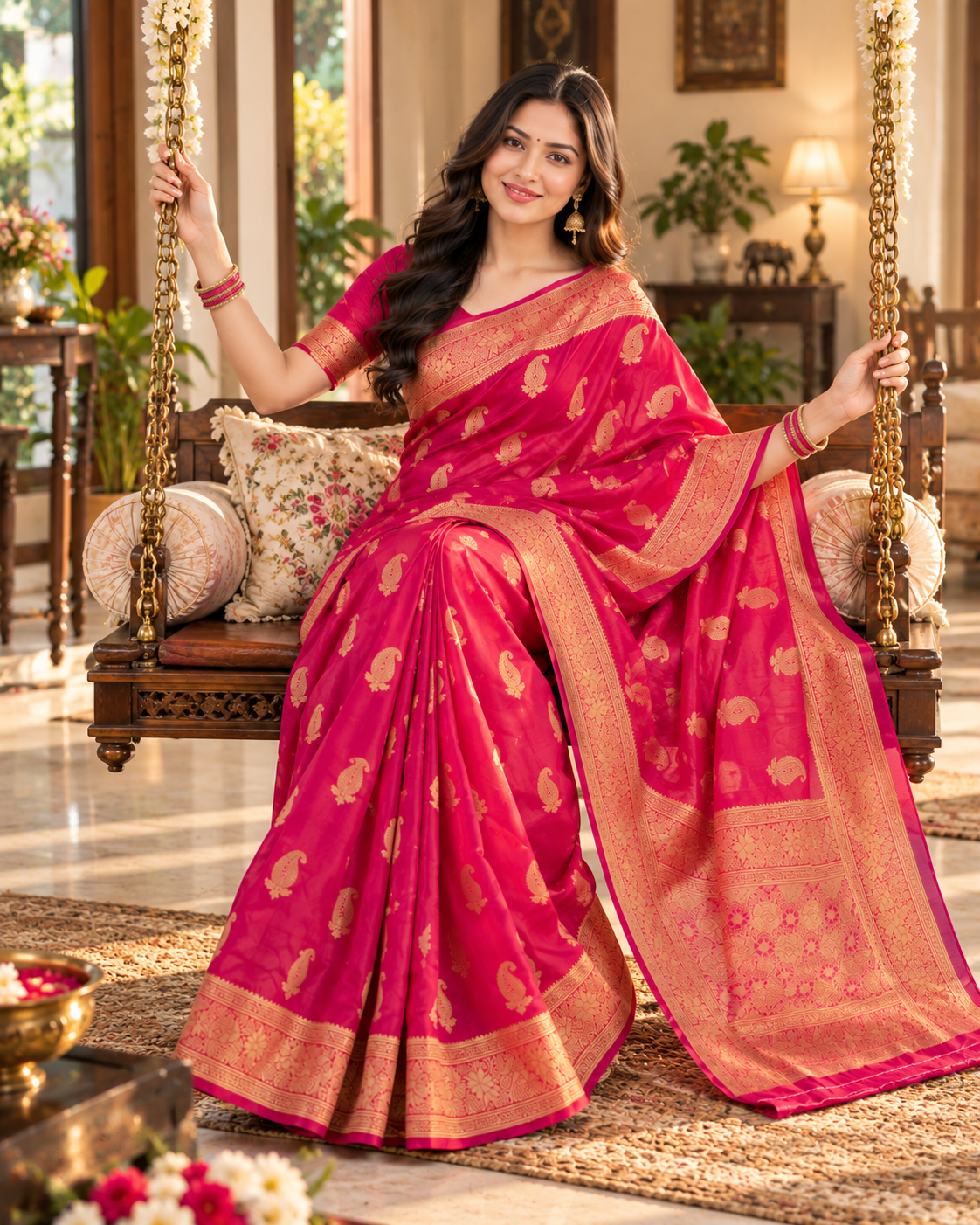Fantasy Silk Traditional Buttas Copper Zari Weaving Saree With Unstitched Blouse(Rani)