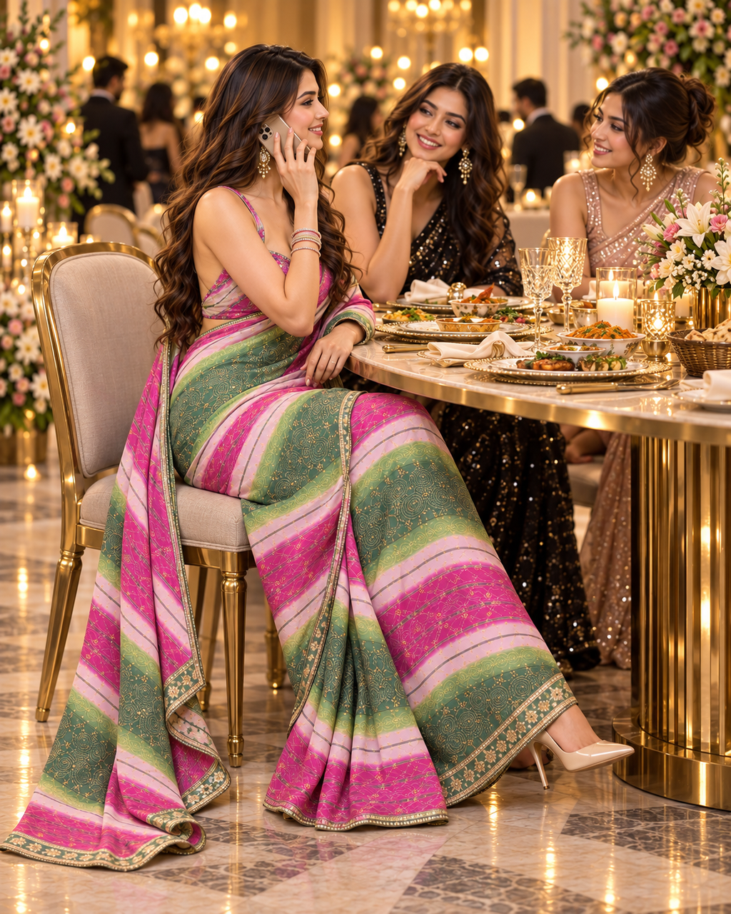 Premium Georgette Bandhani  Embroidery Zari Sequence Work Saree (Rani)