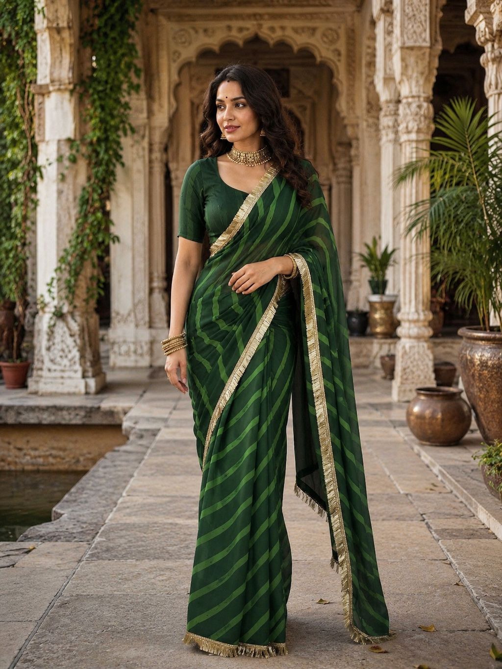 Georgette Traditional Zari Gold Lace Border Saree With Unstitched Blouse(Green)