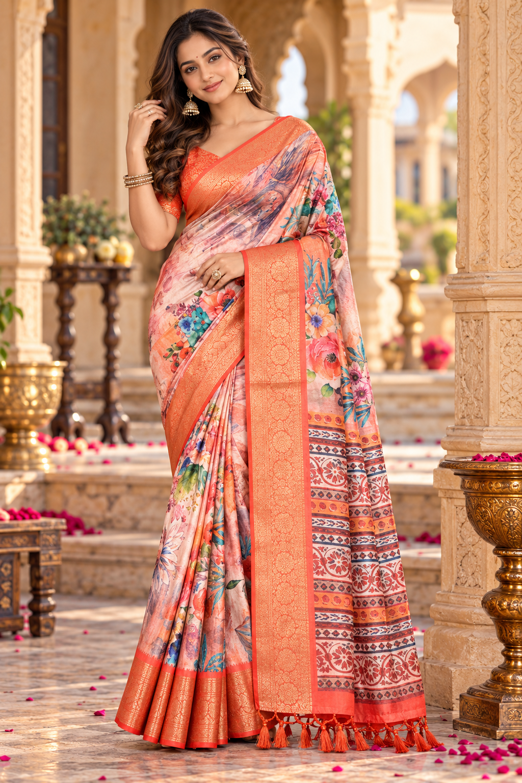 Soft Litchi Silk Digital Print Saree With Unstitched Blouse(Beige)