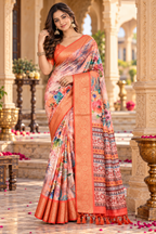 Soft Litchi Silk Digital Print Saree With Unstitched Blouse(Beige)