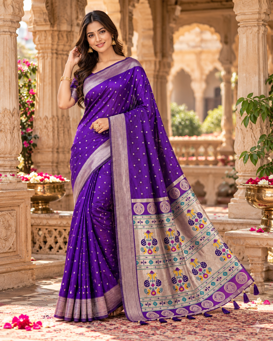 Paithani Silk Printed Saree With Unstitched Blouse(Purple)