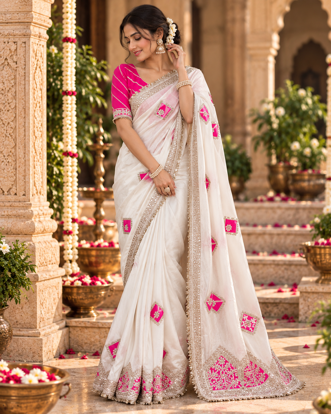 Pure Crepe Silk Lehriya Print Saree With Unstitched Blouse(White)
