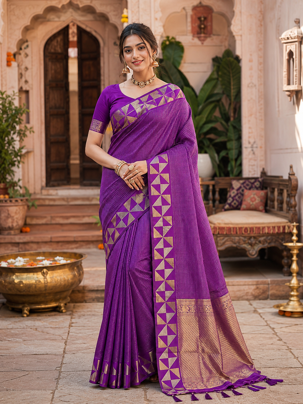Premium Art Silk Zari Triangle Border Saree With Unstitched Blouse(Purple)