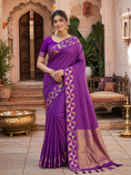 Premium Art Silk Zari Triangle Border Saree With Unstitched Blouse(Purple)