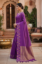 Premium Art Silk Zari Triangle Border Saree With Unstitched Blouse(Purple)