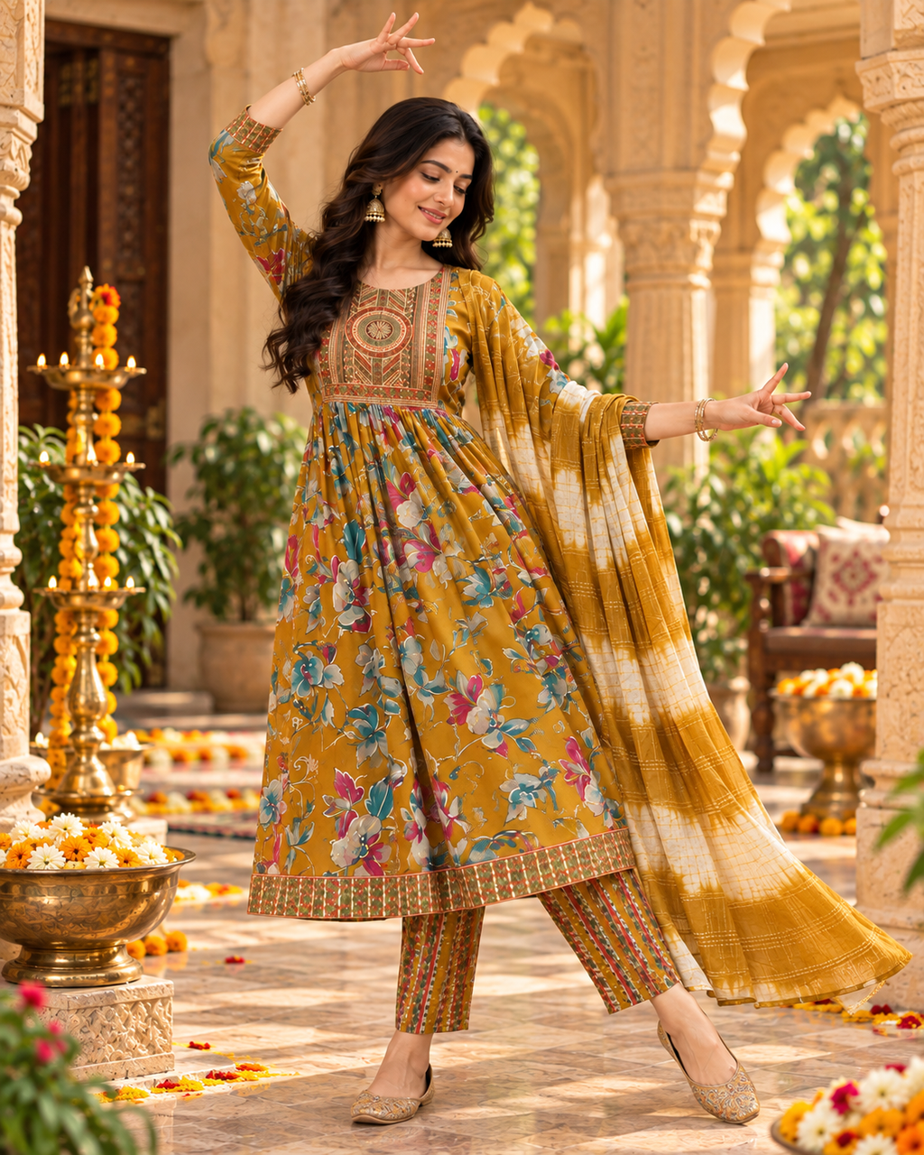 Cotton Kurti Pant Set With Dupatta(Yellow)