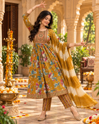 Cotton Kurti Pant Set With Dupatta(Yellow)