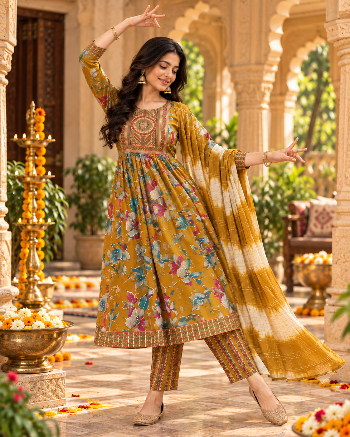 Cotton Kurti Pant Set With Dupatta(Yellow)