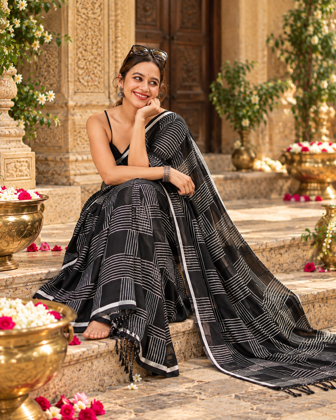 Premium Cotton Printed Saree With Unstitched Blouse(Black)