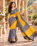Tussar Silk Kalamkari Print Saree With Unstitched Blouse(Yellow)