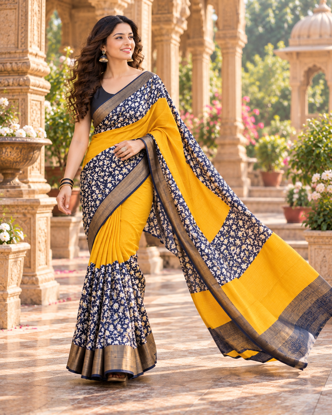 Tussar Silk Kalamkari Print Saree With Unstitched Blouse(Yellow)