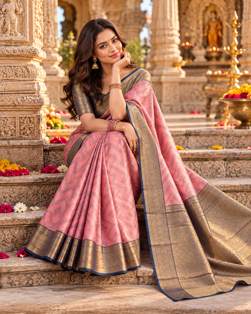 Pure Kanjivaram Silk Saree With Unstitched Blouse(Pink)