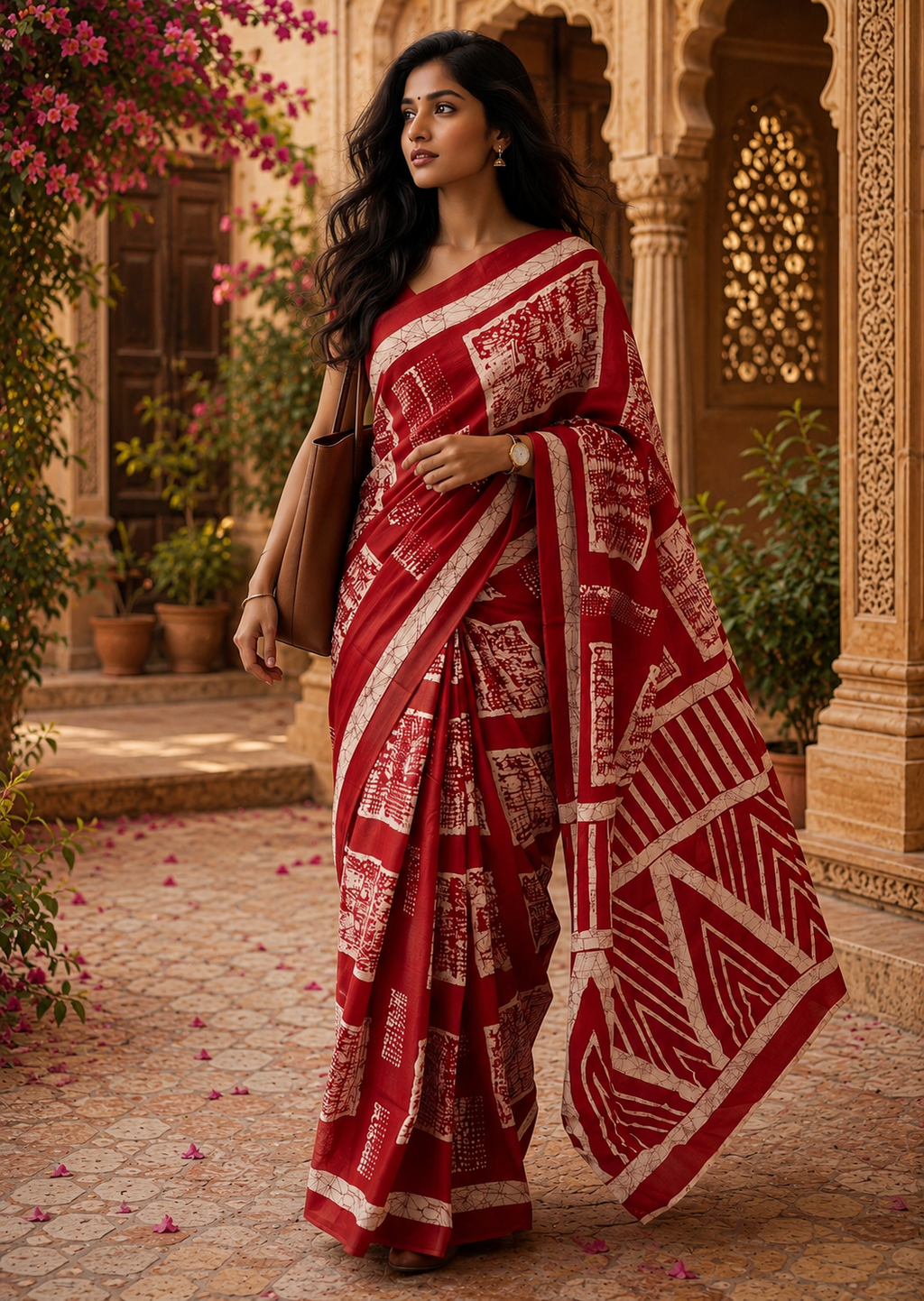 Mulmul Cotton Batik Hand Block Print Saree With Unstitched Blouse(Red)