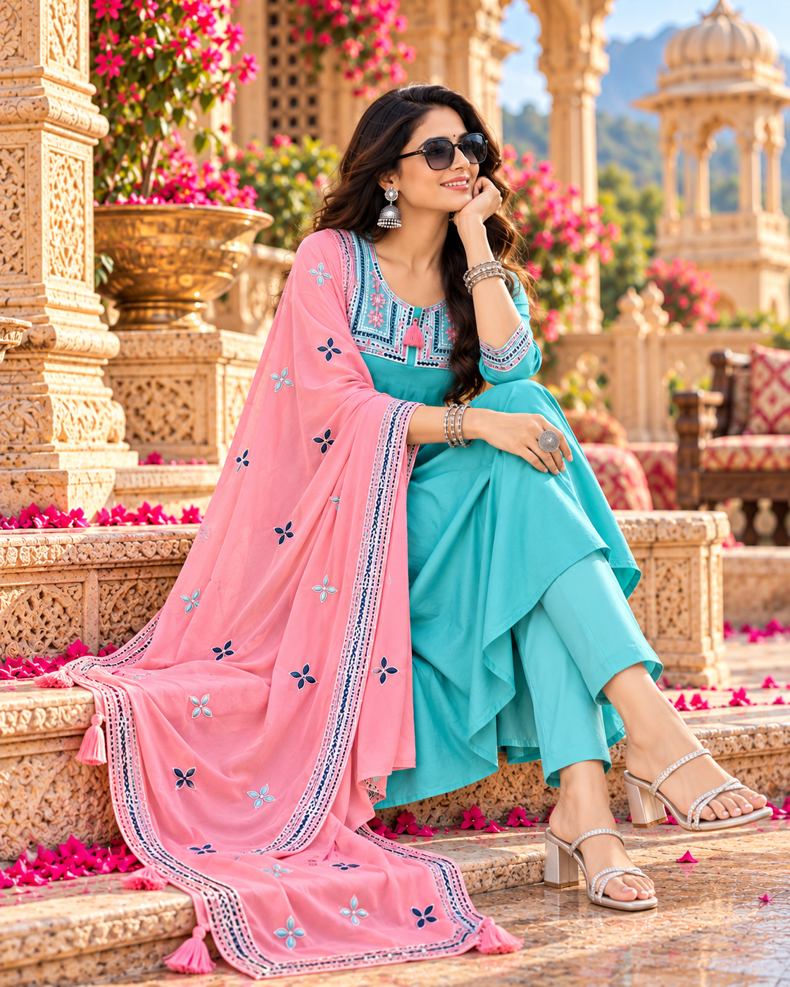 Roman Silk Embroidery Work Anarkali Kurti Pant Set With Dupatta(Sky)