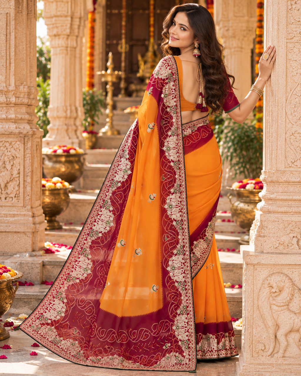 Pure Bandhani Bhej Print Gotta Patti Work Silk Saree With Unstitched Blouse(Mustard)