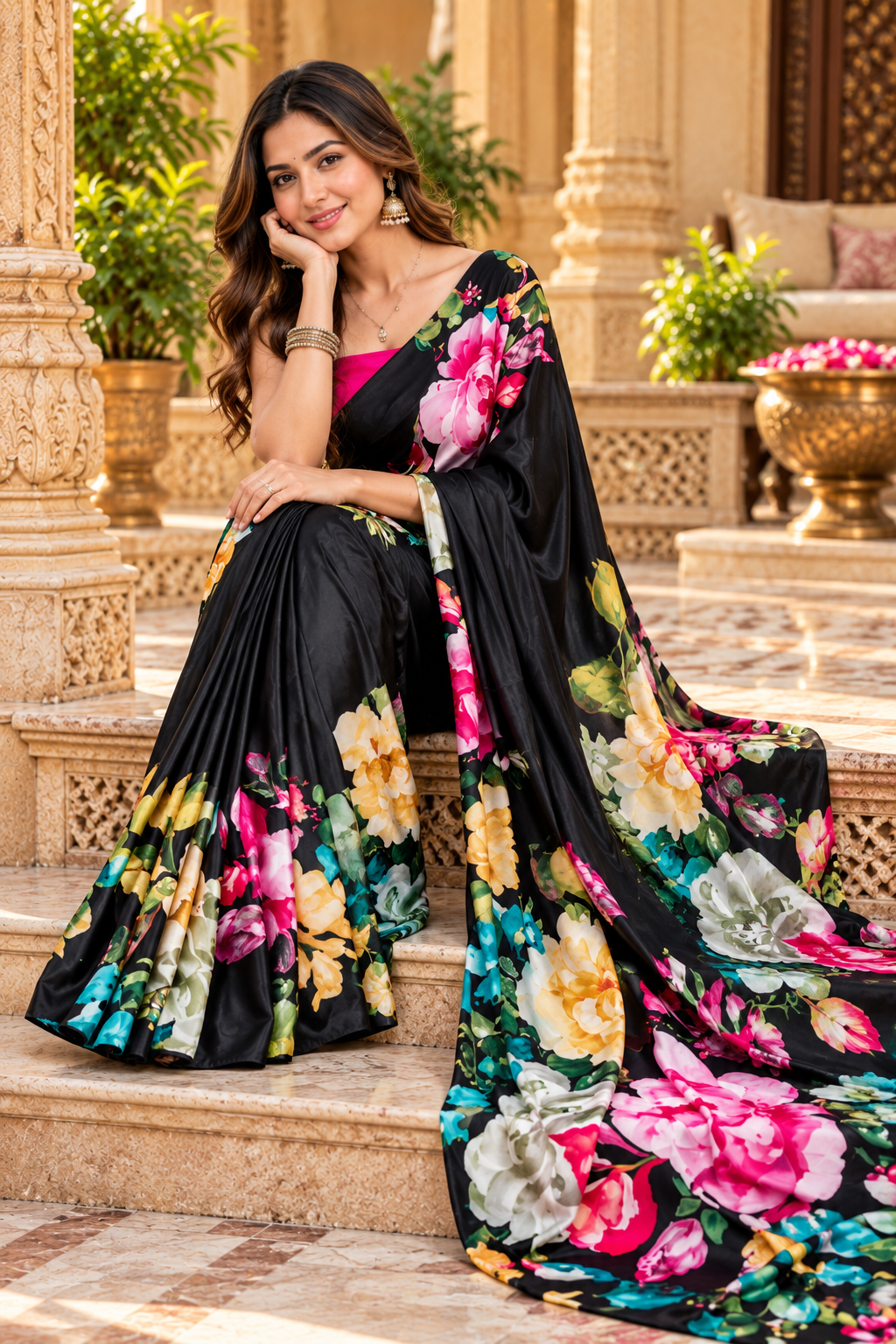 Satin Silk Printed Saree With Unstitched Blouse(Black)