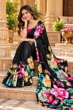 Satin Silk Printed Saree With Unstitched Blouse(Black)