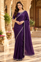 Pure Space Silk Diamond Zarkhan Work Saree With Unstitched Blouse(Violet)