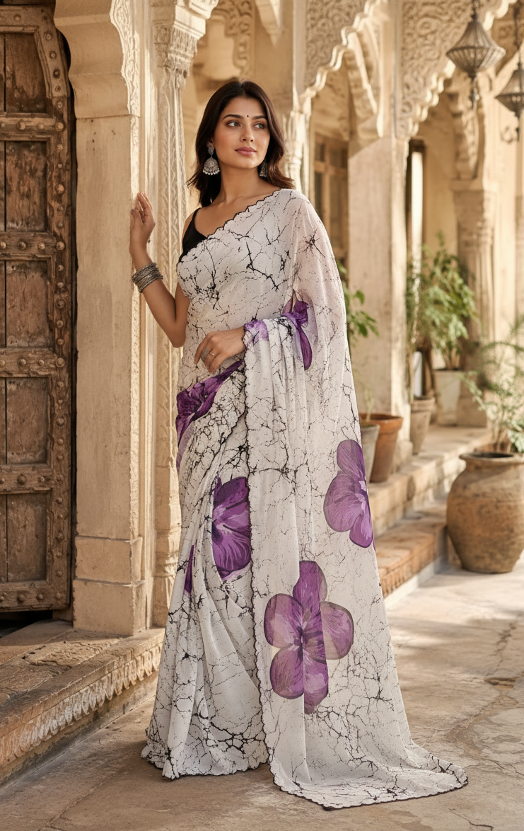 Georgette Blooming Floral Digital Print Saree With Unstitched Blouse(Lavender)