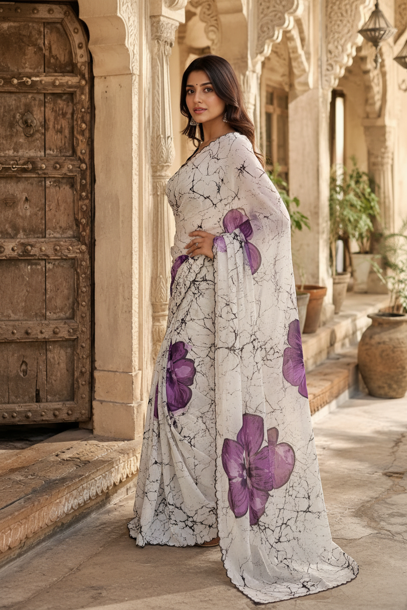 Georgette Blooming Floral Digital Print Saree With Unstitched Blouse(Lavender)