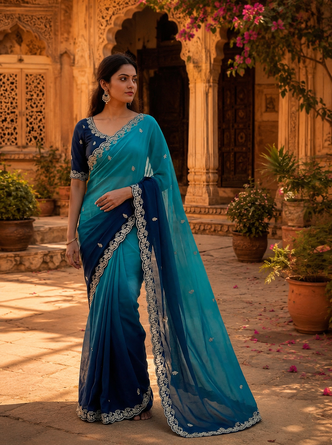 Georgette Border Work Saree With Unstitched Blouse(Blue)