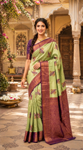 Pure Banarasi Silk Saree With Unstitched Blouse(Pista)