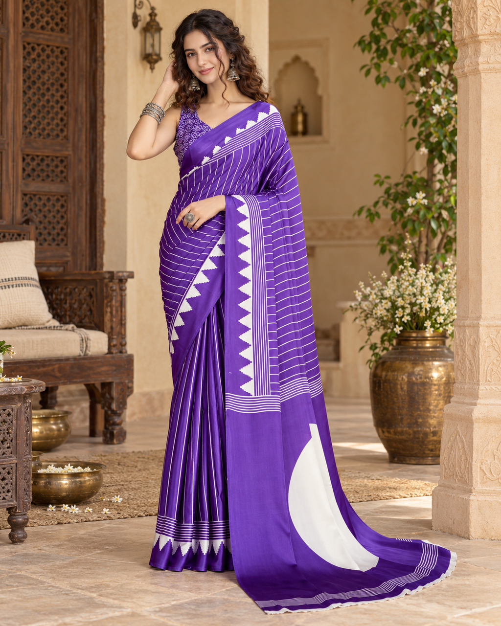 Satin Silk Ajrakh Printed Saree With Unstitched Blouse(Puple)