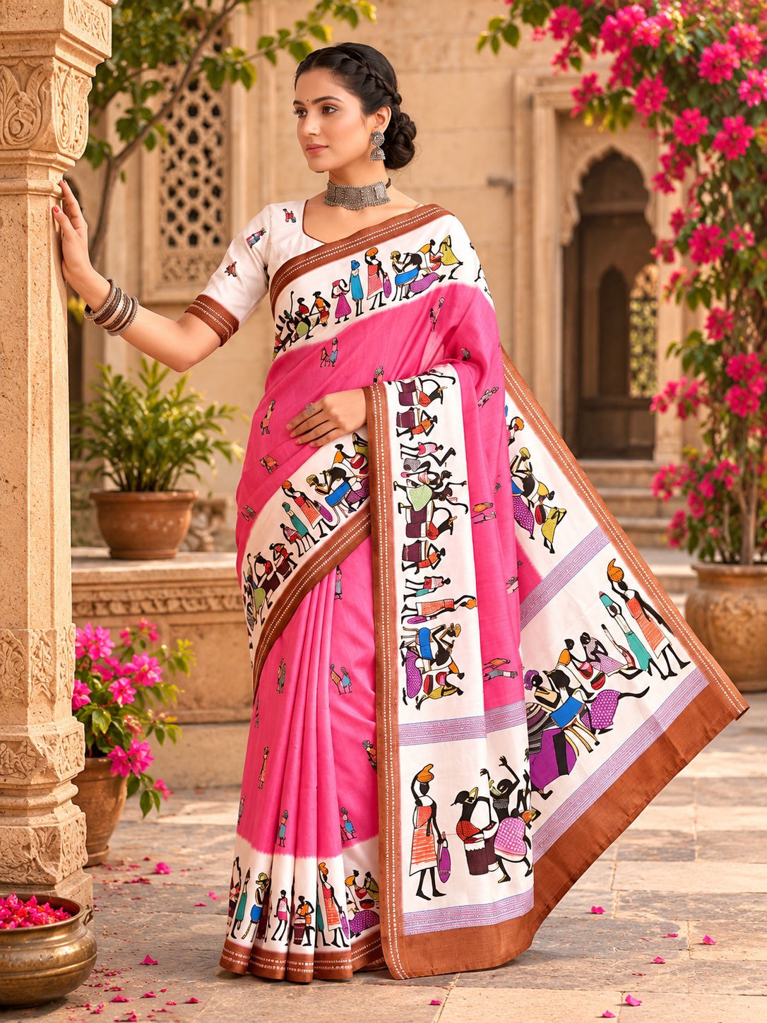 Mulmul Cotton Digital Print Saree With Unstitched Blouse(Violet)