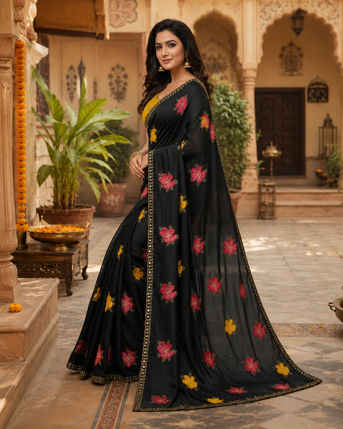 Georgette Printed Saree With Unstitched Blouse(Black)