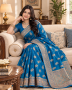 Pure Silk Traditional Buttas Copper Zari Weaving Saree With Unstitched Blouse(Teal)