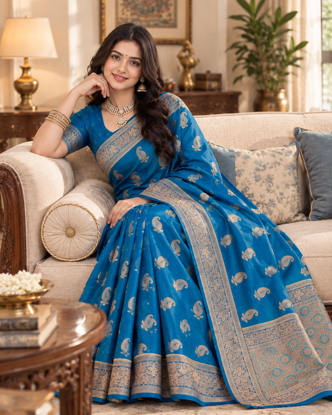 Pure Silk Traditional Buttas Copper Zari Weaving Saree With Unstitched Blouse(Teal)