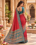 Gajji Silk Ajrakh Printed Saree With Unstitched Blouse(Red)