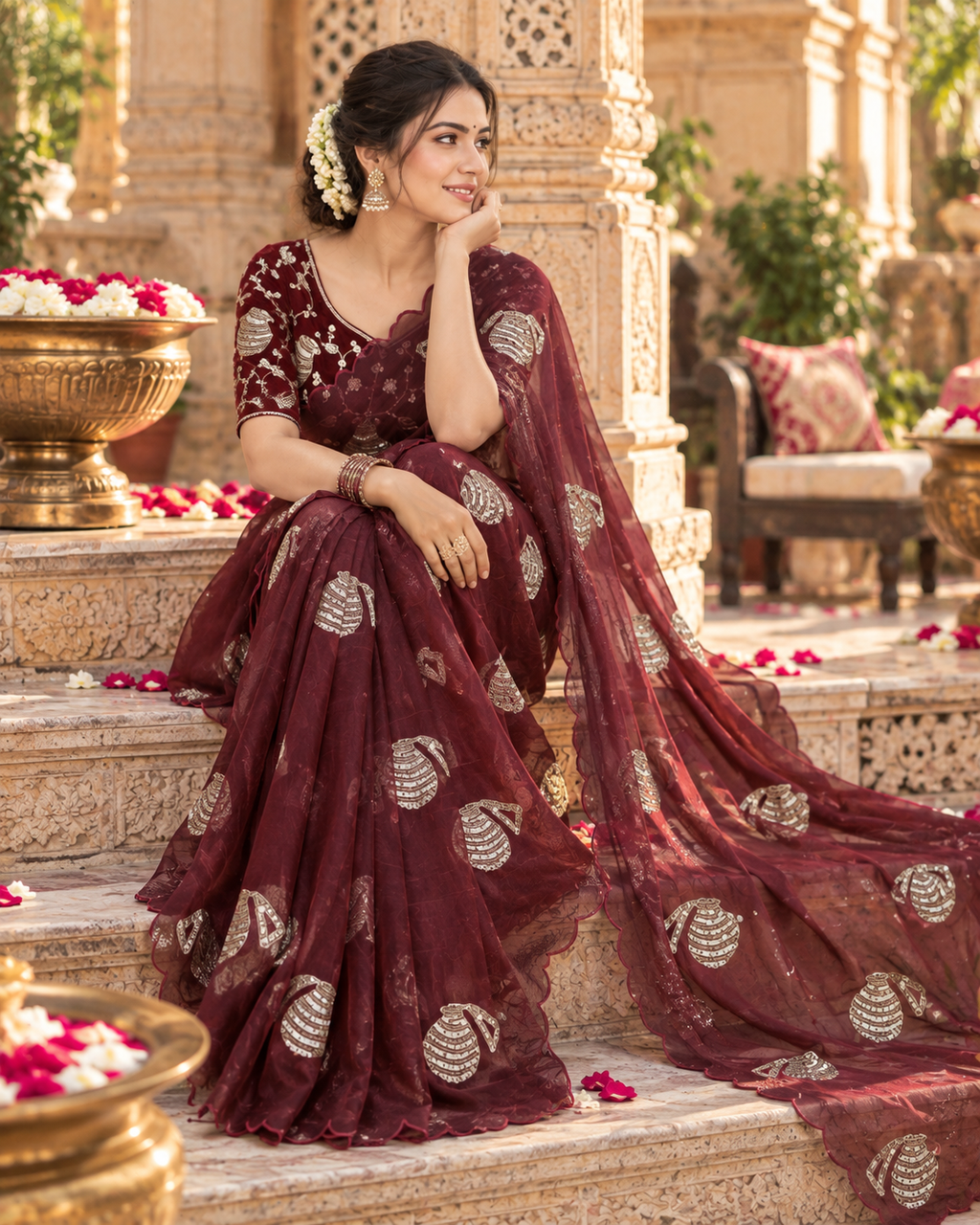 Satin Silk Border Cut Work Saree With Unstitched Blouse(Brown)
