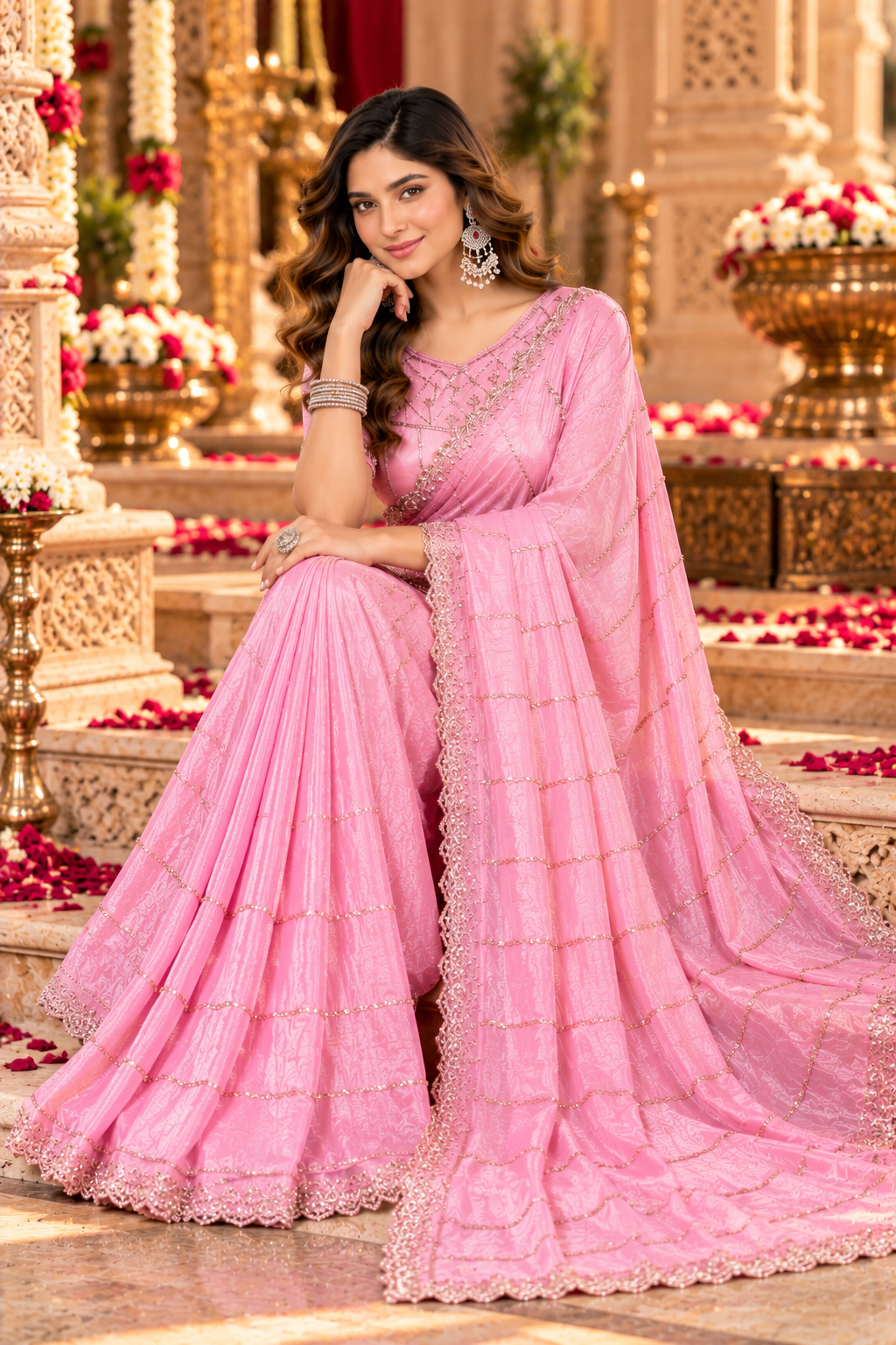 Pure Prada Silk Saree with Unstitched Blouse(Pink)