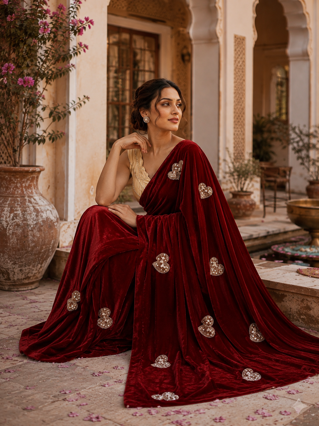 Space Silk Sequins Work Saree With Unstitched Blouse(Maroon)