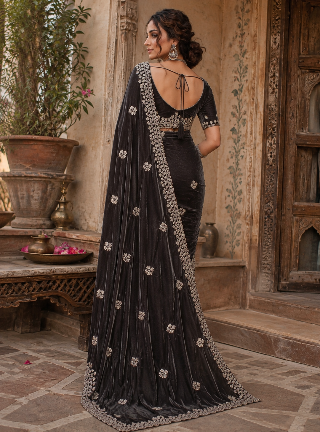 Space Silk Sequins Work Saree With Unstitched Blouse(Blue)