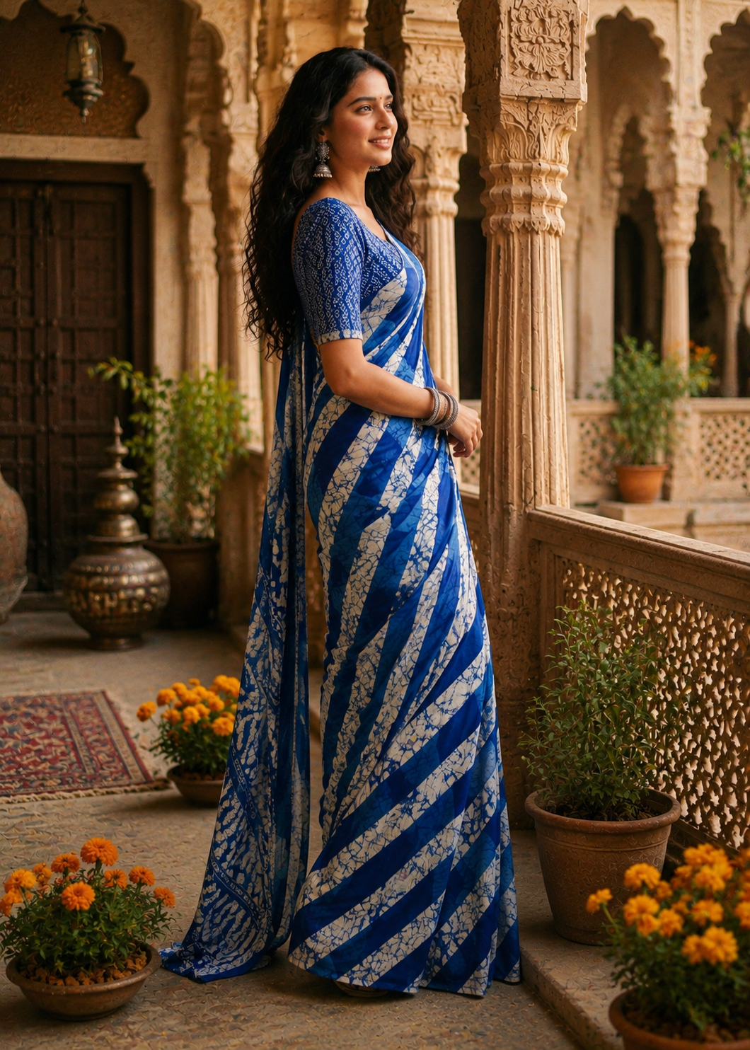 Mulmul Cotton Batik Hand Block Printed Saree With Unstitched Blouse(Blue)