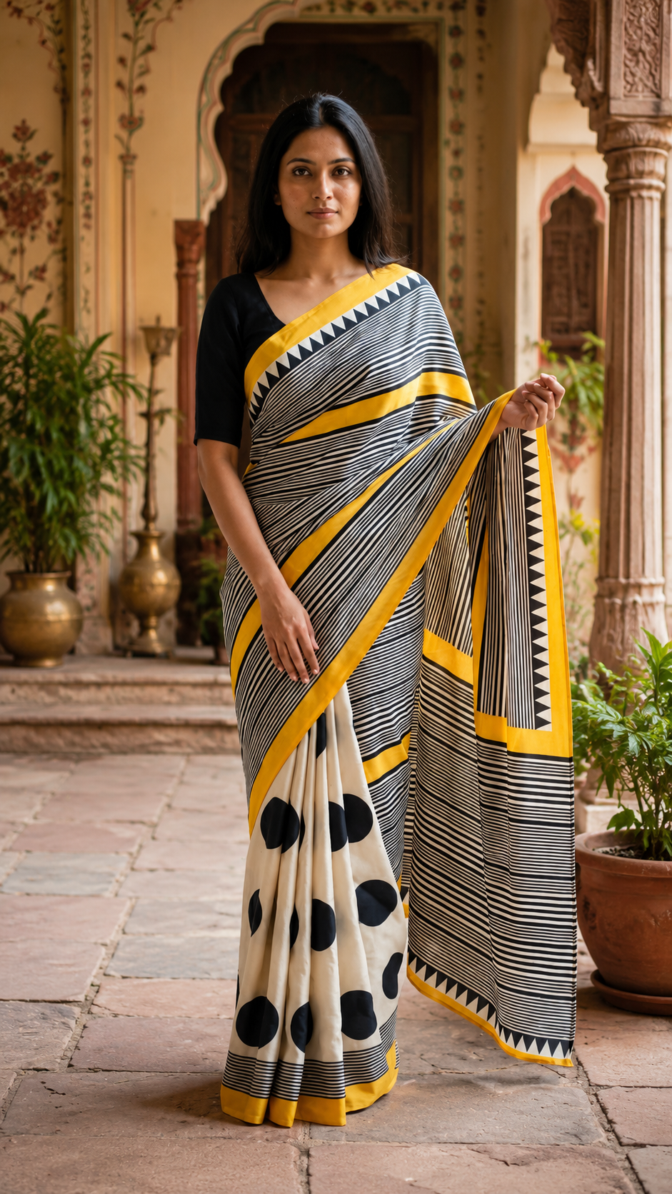 Satin Silk Printed Saree With Unstitched Blouse(White)