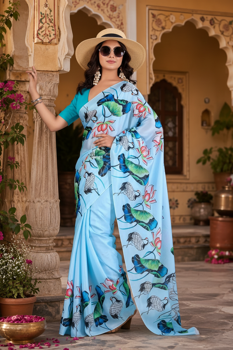 Elegant Georgette Lotus Print Saree With Unstitched Blouse