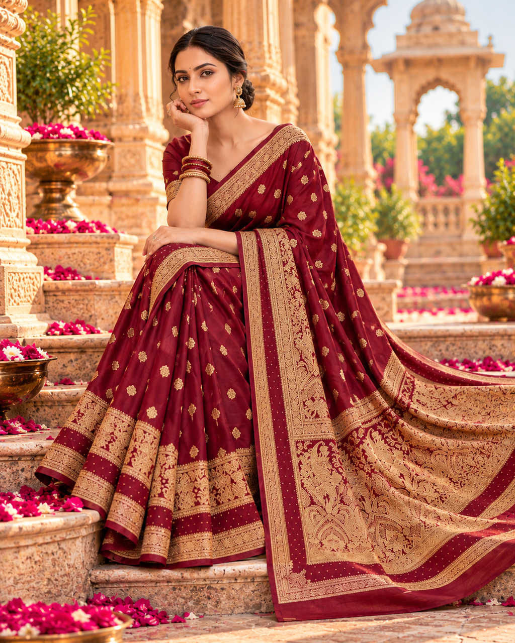 Banarasi Silk Saree With Unstitched Blouse(Red)