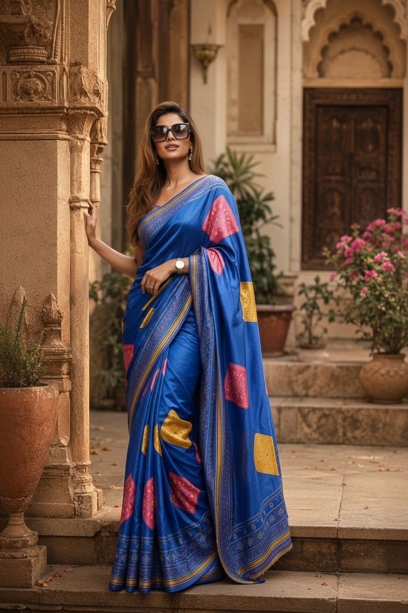 Satin Silk Lightweight Saree With Unstitched Blouse(Blue)