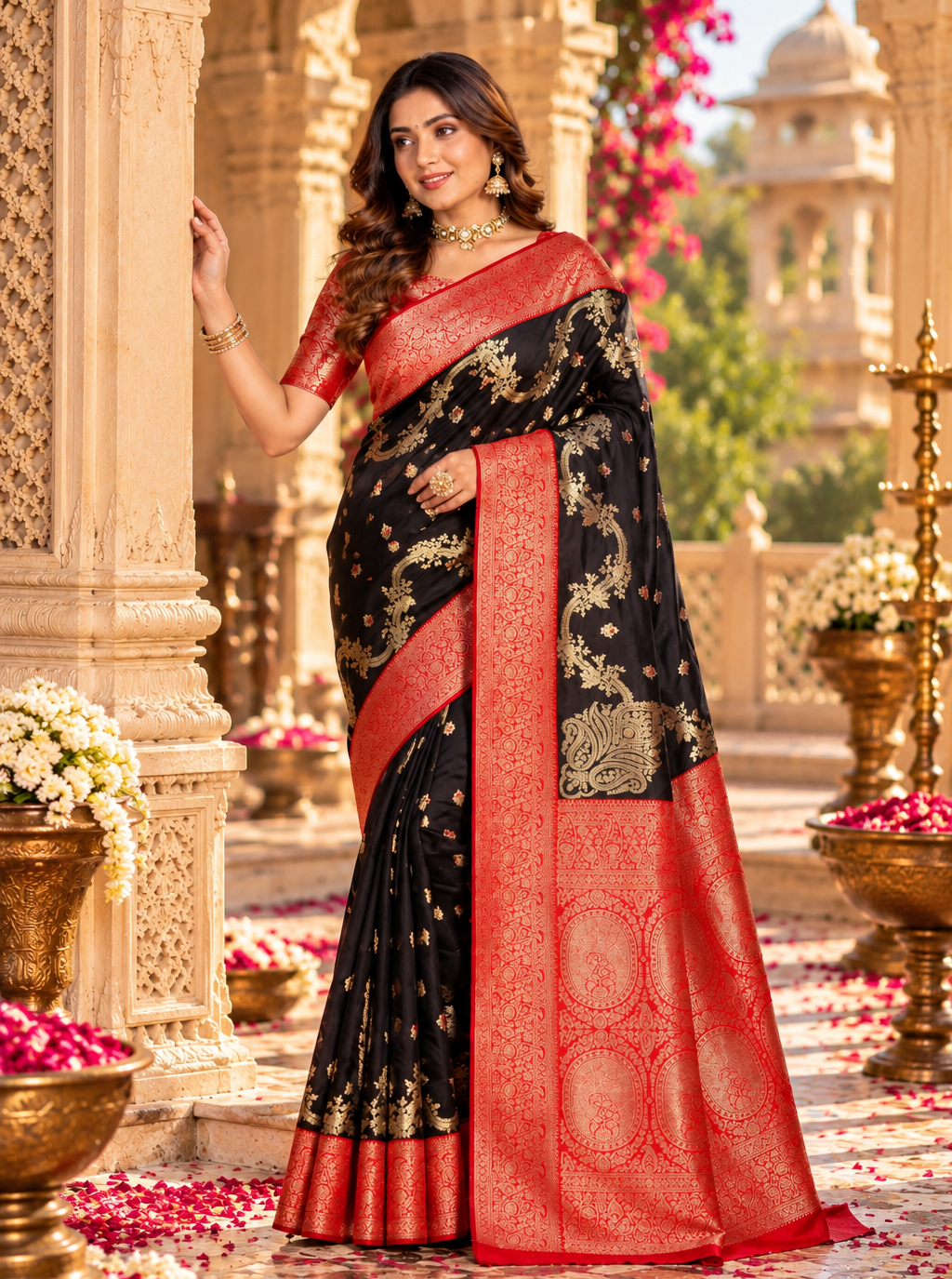 Banarasi Silk Zari Weaving Border Saree With Unstitched Blouse(Black)
