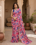 Premium Crepe Silk Floral Print Saree With Unstitched Blouse(Red)