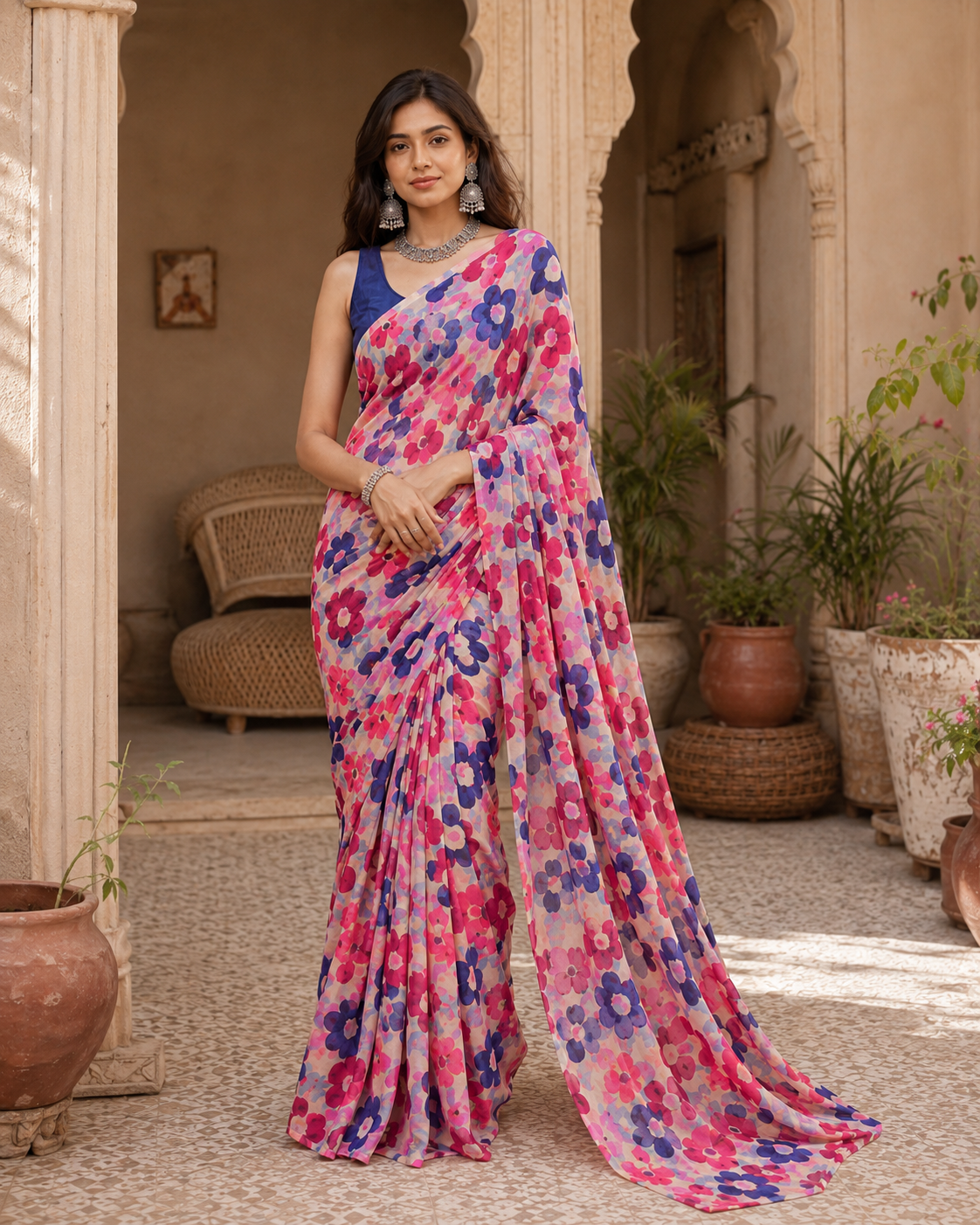 Premium Crepe Silk Floral Print Saree With Unstitched Blouse(Red)