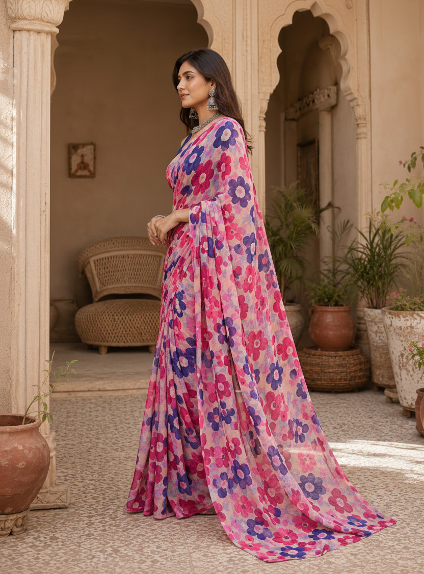 Premium Crepe Silk Floral Print Saree With Unstitched Blouse(Red)
