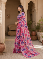 Premium Crepe Silk Floral Print Saree With Unstitched Blouse(Red)
