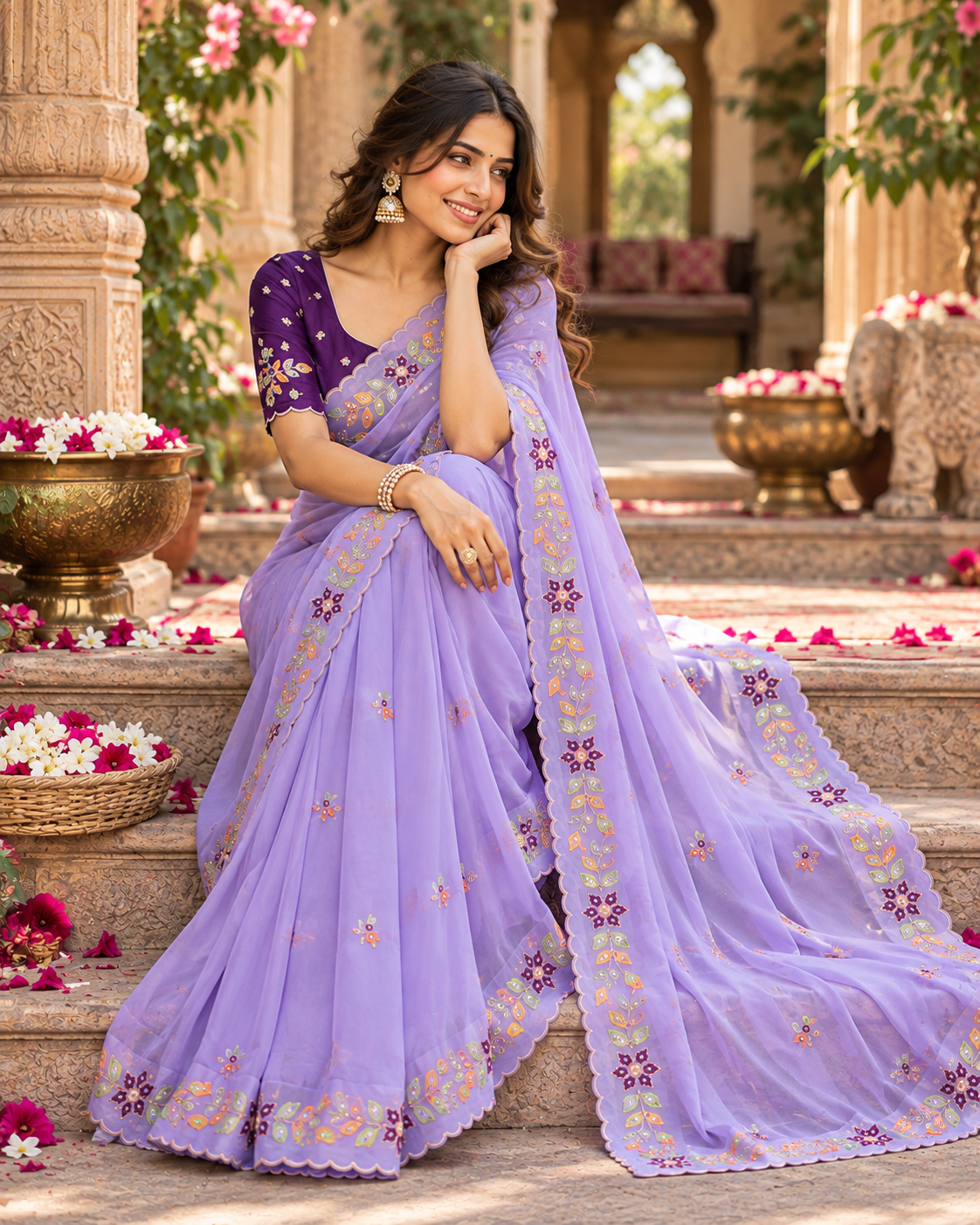 Rangoli Silk Embroidery Work Saree With Unstitched Blouse(Lavender)
