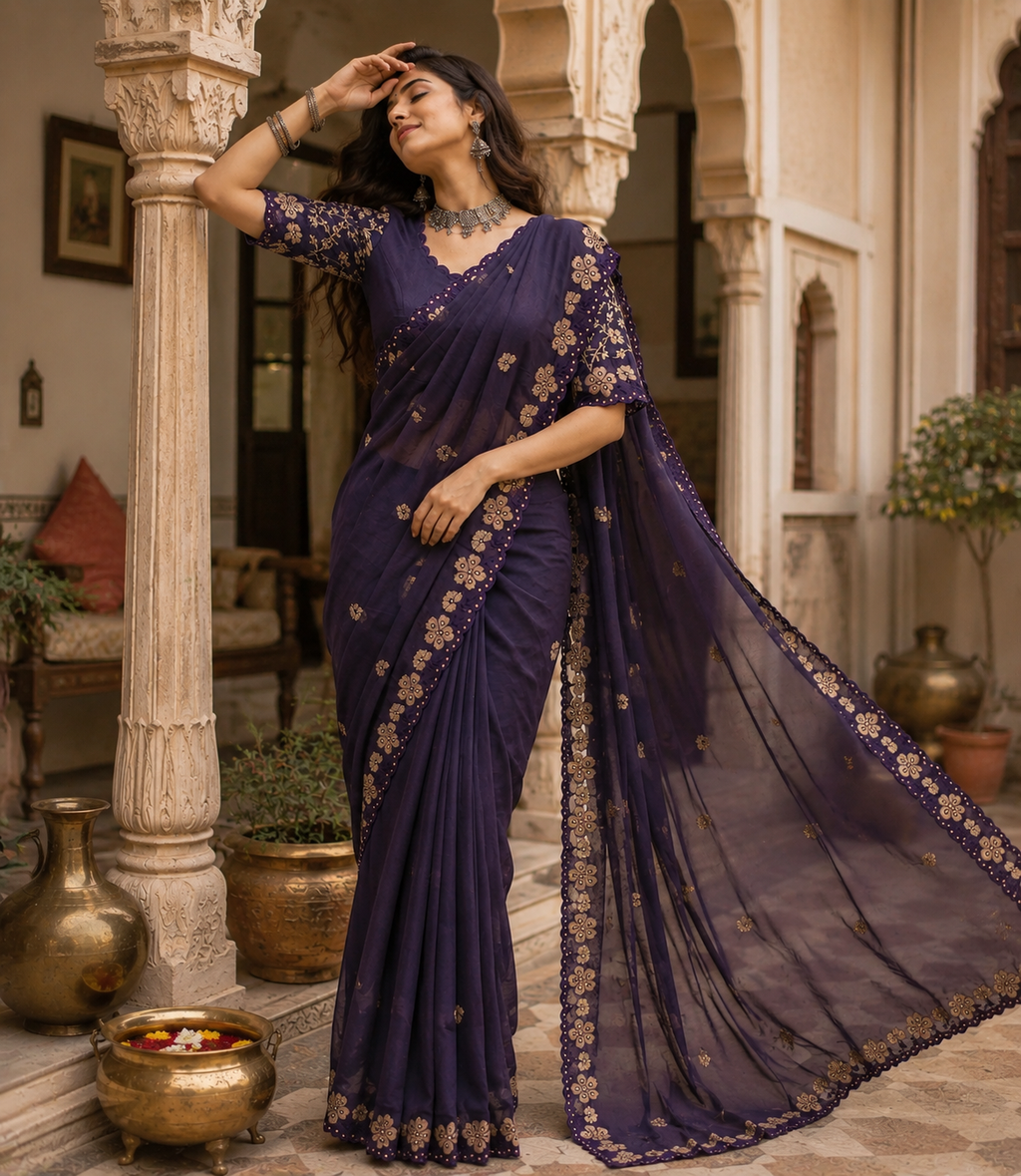 Premium Georgette Heavy Work Saree With Unstitched Blouse(Violet)